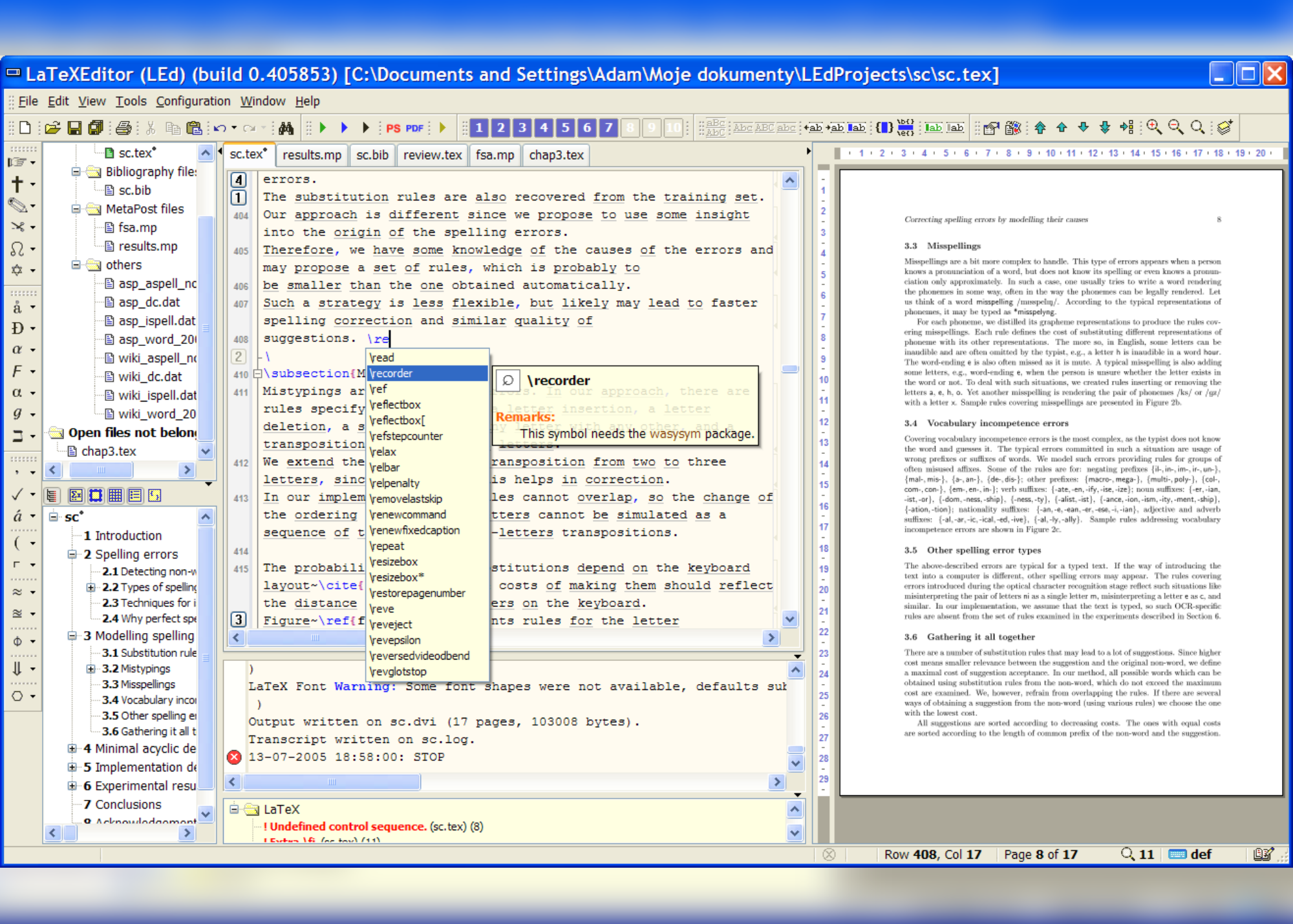 Screenshot of code completion feature of LaTex part 1