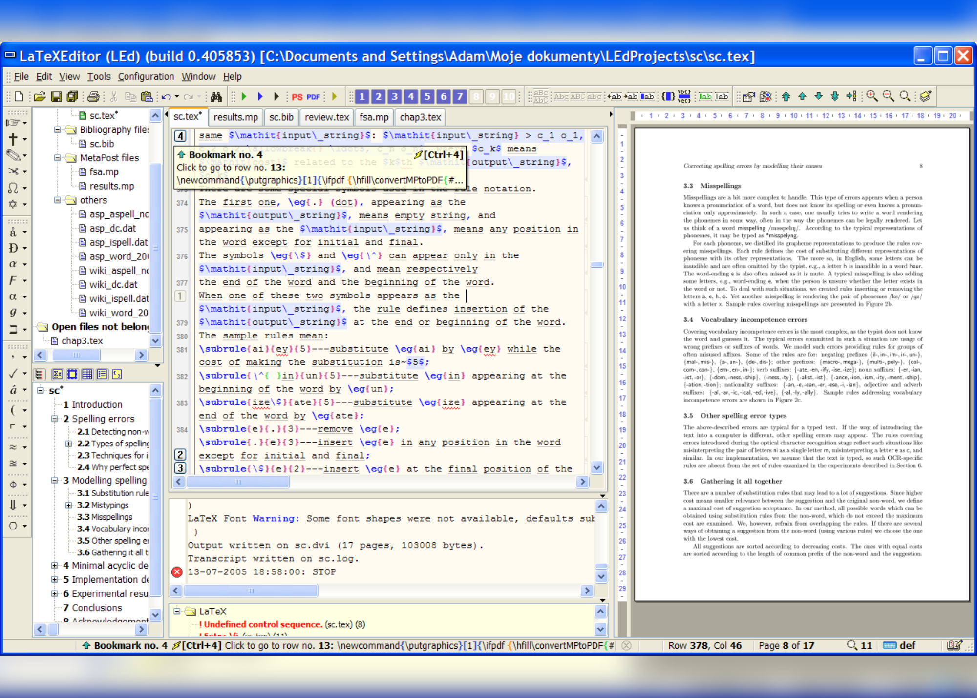 A screenshot showing Bookmark of LaTex and a draft document