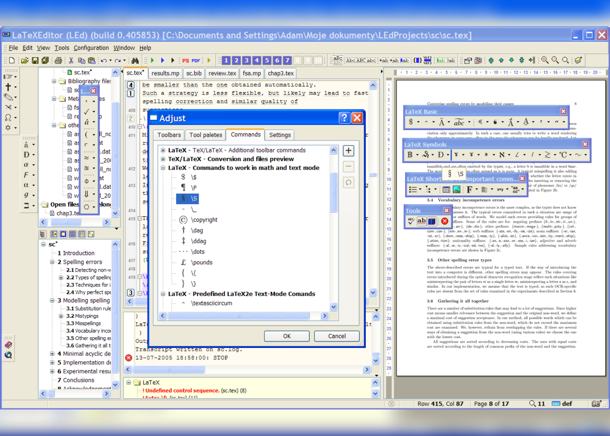 Screenshot of LaTex toolbars, a draft document, and a LaTex command feature