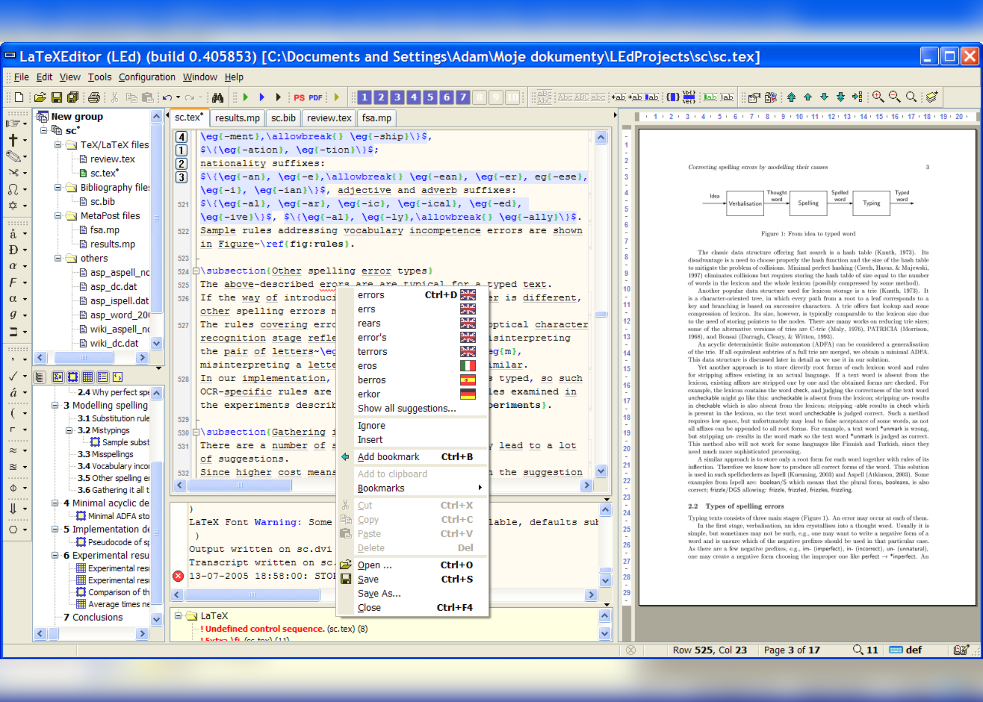 A screenshot showing LaTex spell checker and a draft document