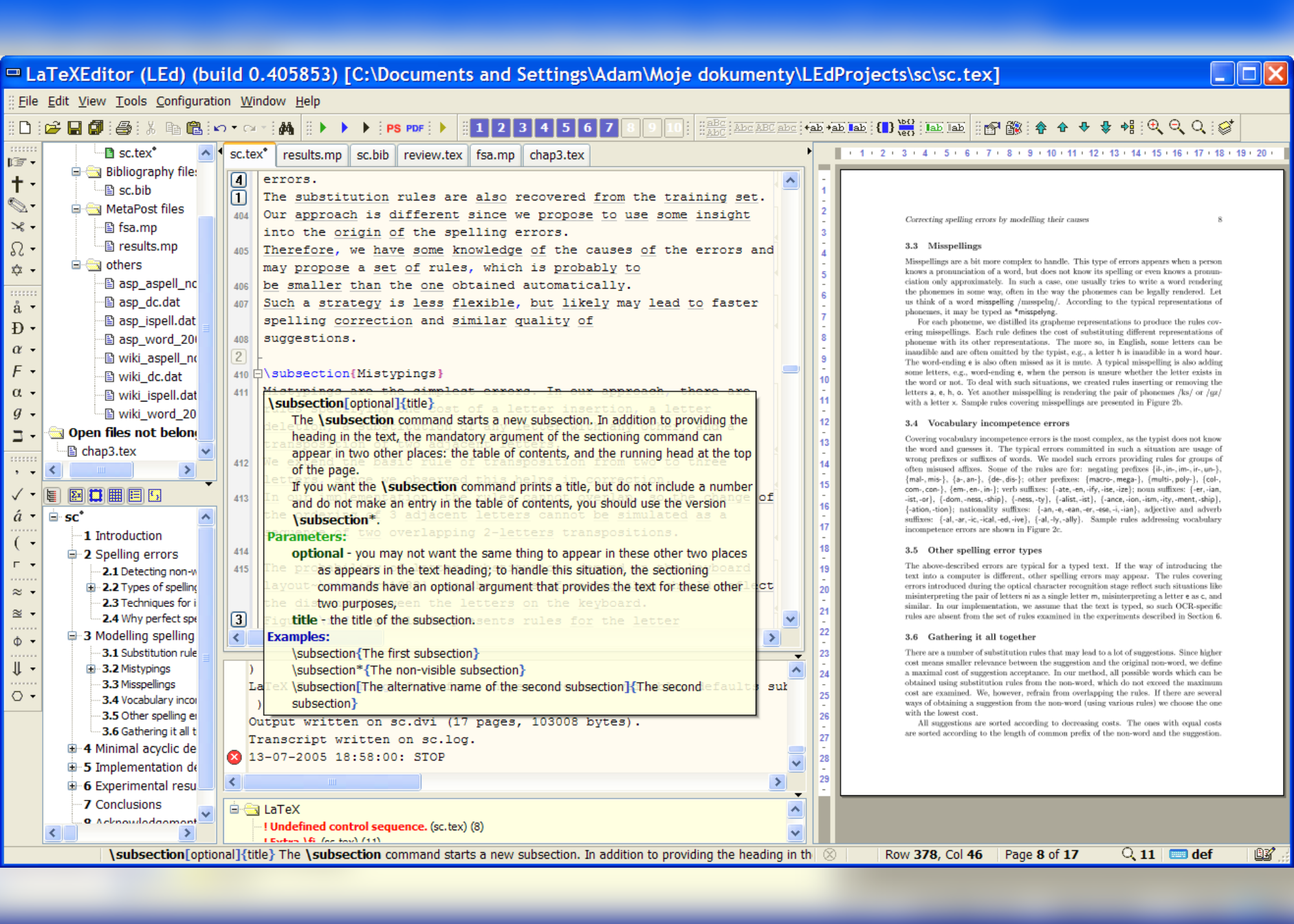 Screenshot showing hints feature of LaTex