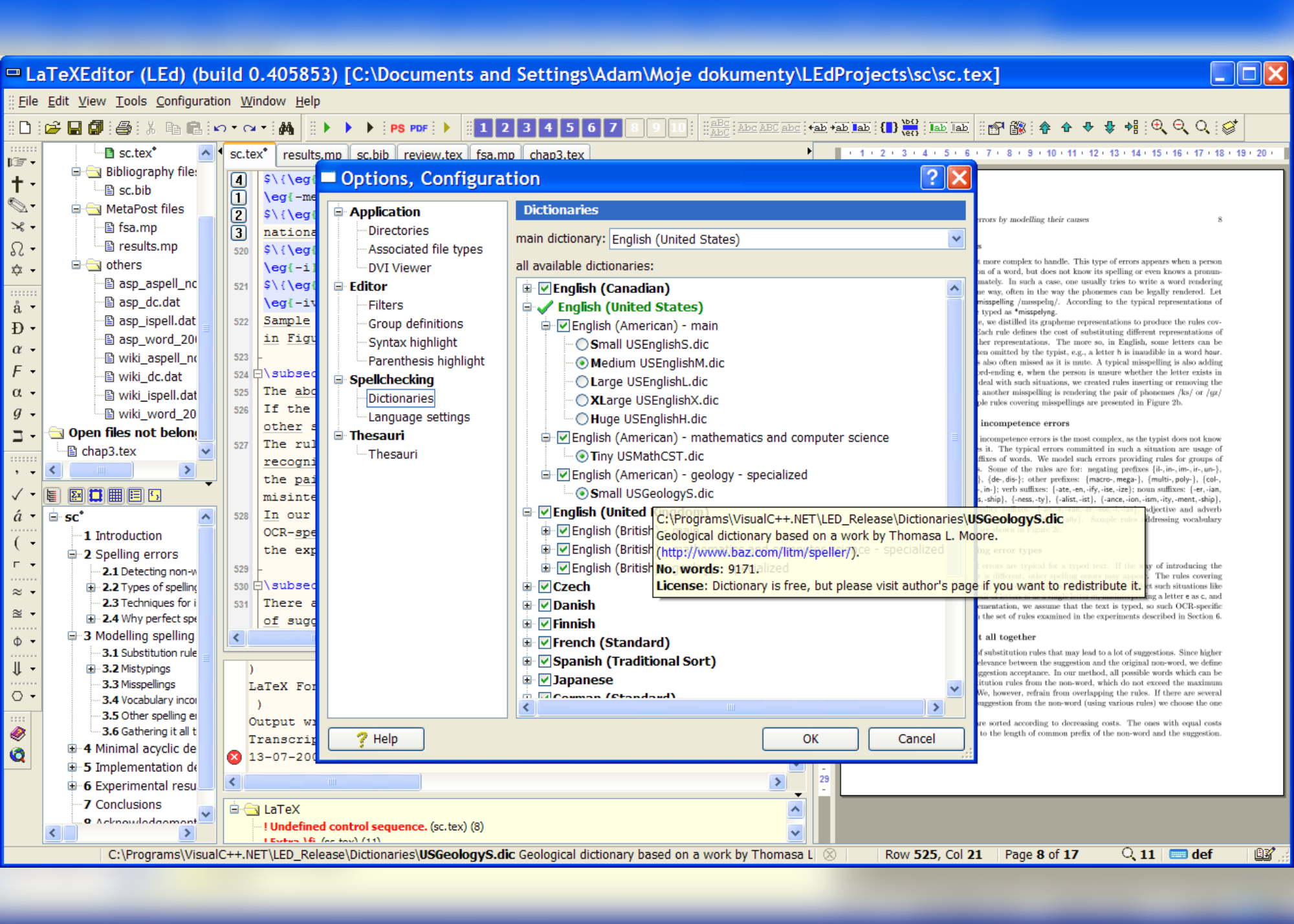 A screenshot showing variety of available dictionaries
