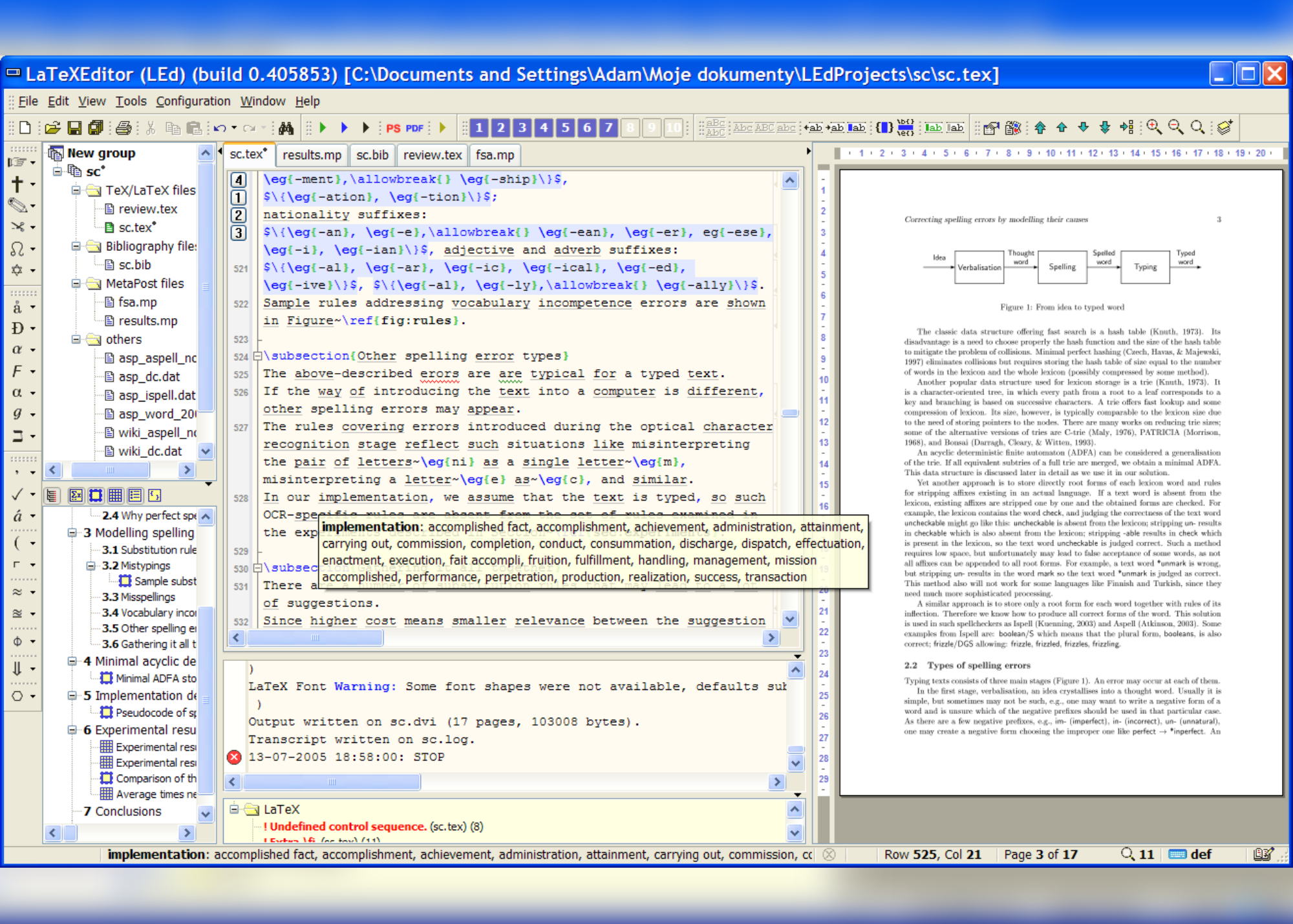 A screenshot from the LaTex editor displaying a thesaurus feature and a box containing synonyms for "implementation."