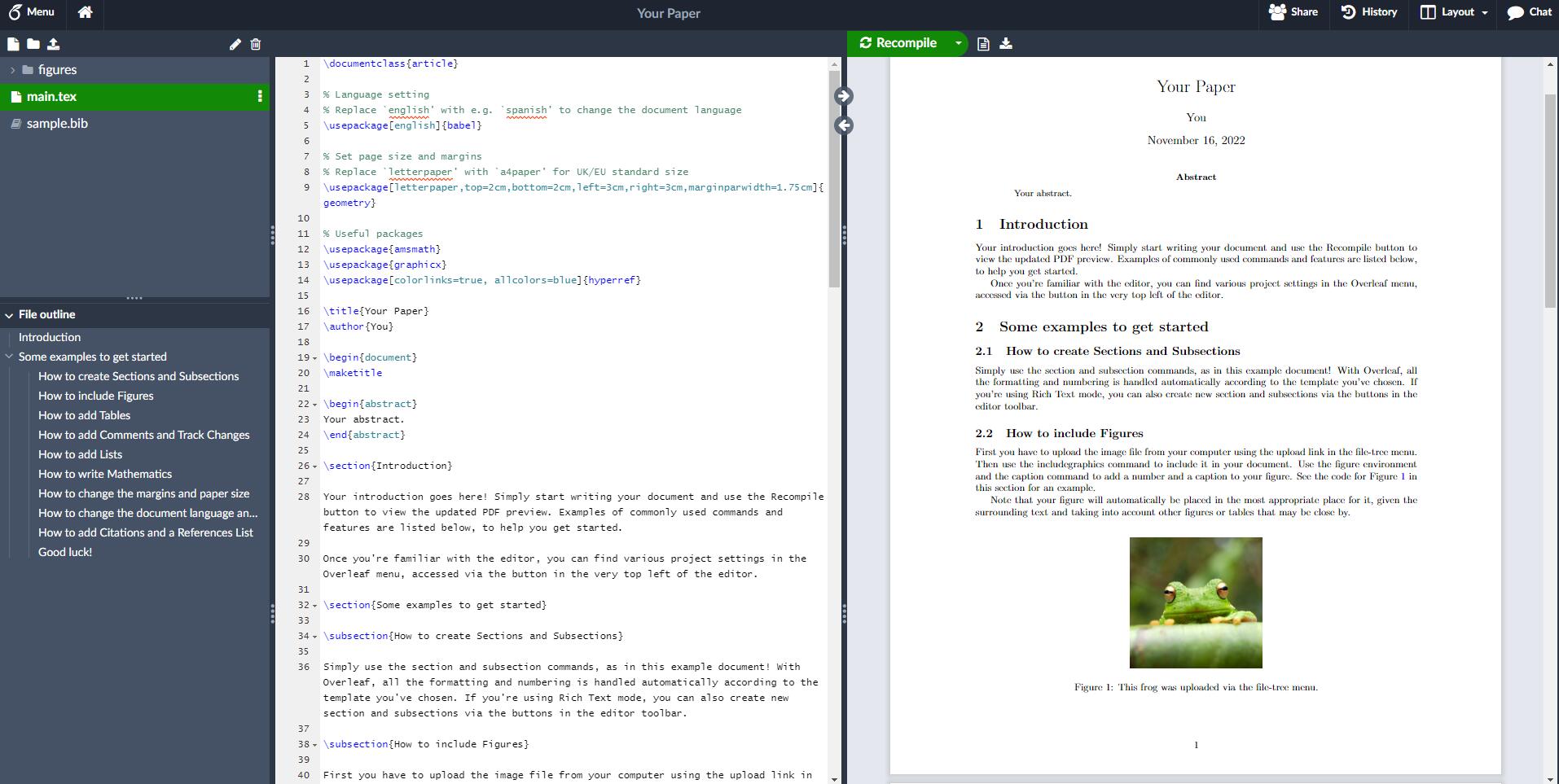 A LaTeX editor interface showing code and a rendered document with a figure