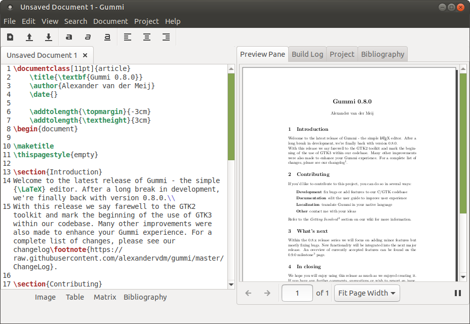 Gummi LaTeX editor interface showing code and a rendered document